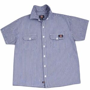 Dickies Men’s Navy and White Stripe Short Sleeve Button-Front Shirt XL